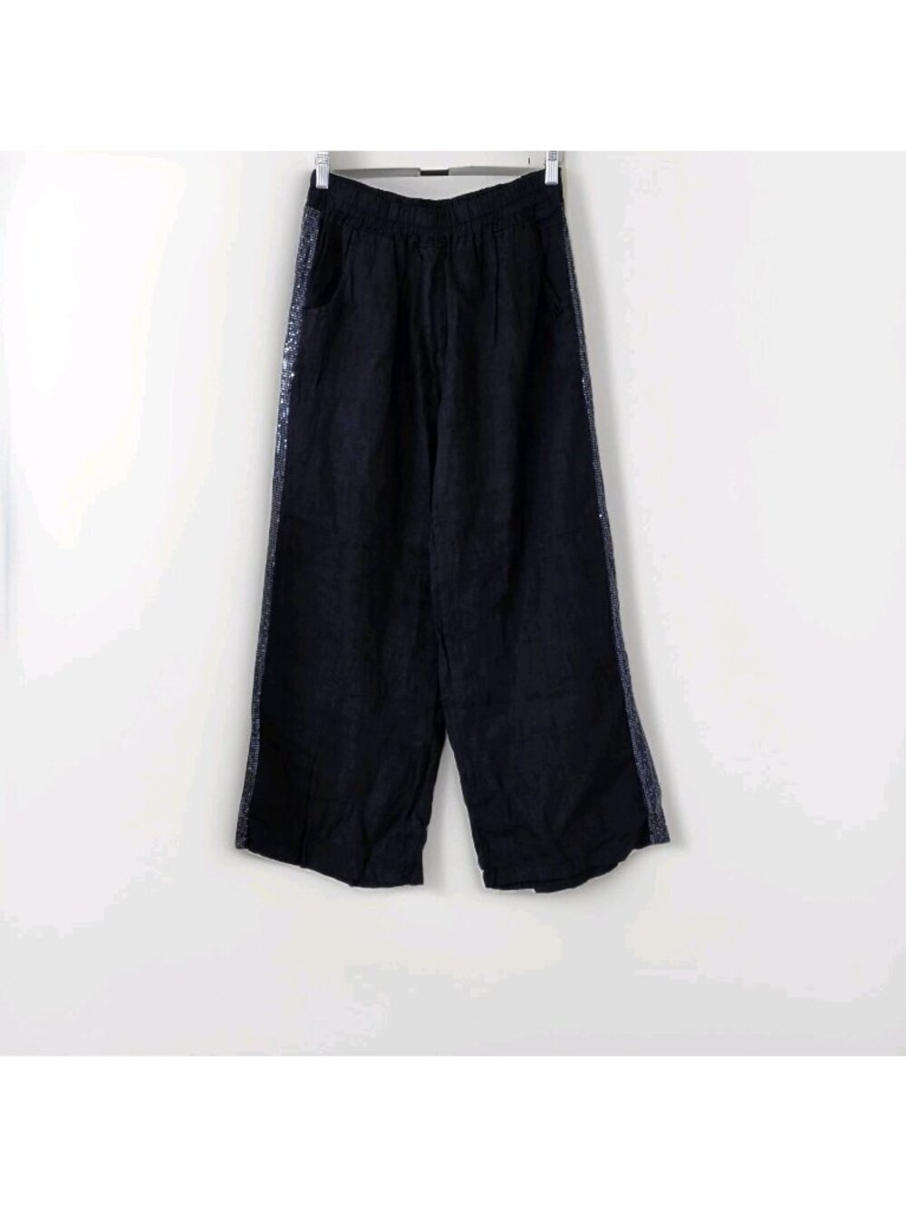 NT by Amati Pure Linen Pants Womens M / L Black Sequined Sides Pockets Lagenlook